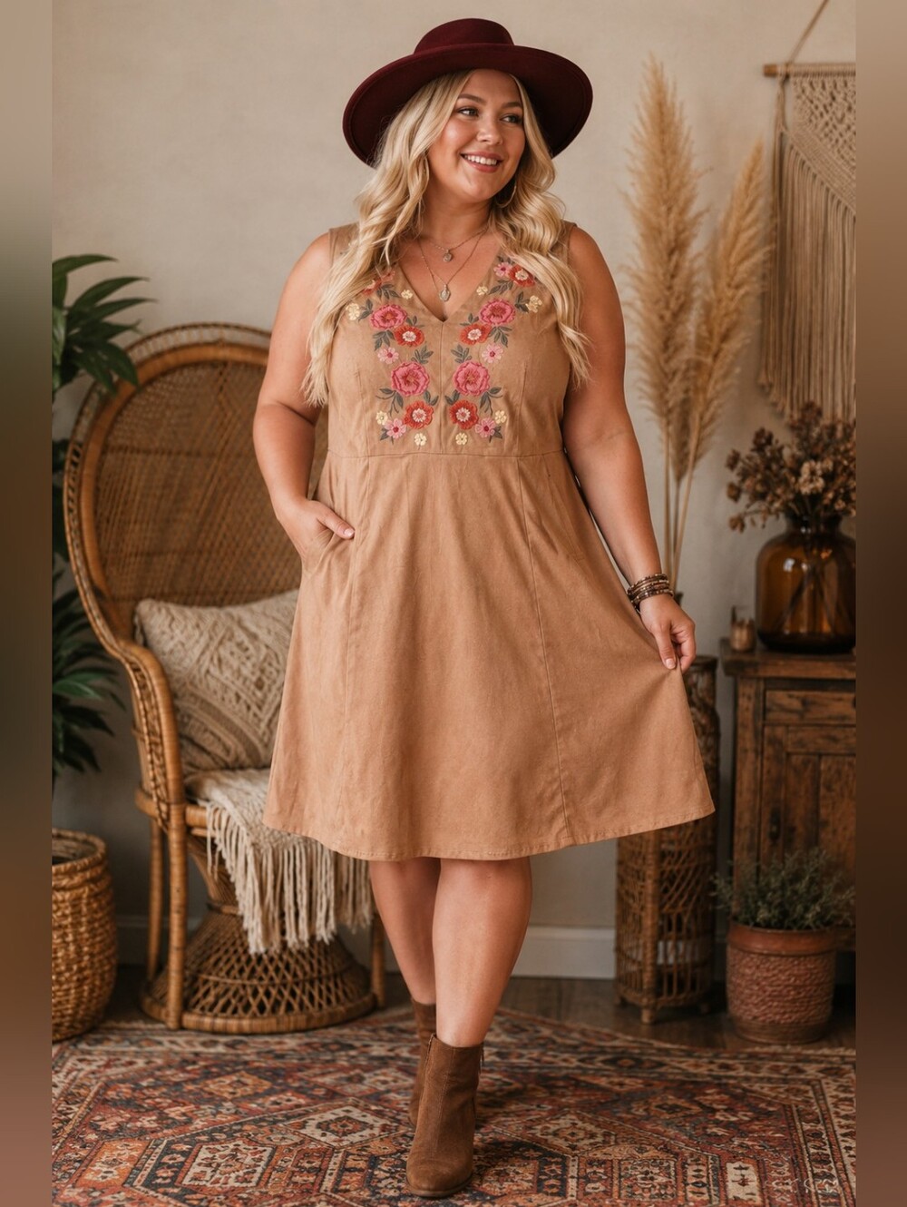 Savannah Jane Plus-Size 2x: Tan Floral Embroidered V-Neck Faux Suede Dress